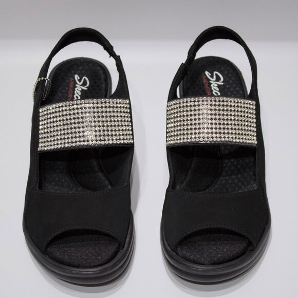 NWT Skechers Cali Rumblers Black Wedge Sandal Diamond Bedazzled Women Size 6 - Picture 7 of 13